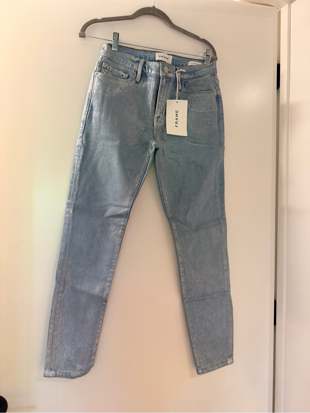 Frame Denim Shimmery Le Skinny De Jeanne Light Blue Mid-Rise Skinny Jeans 27